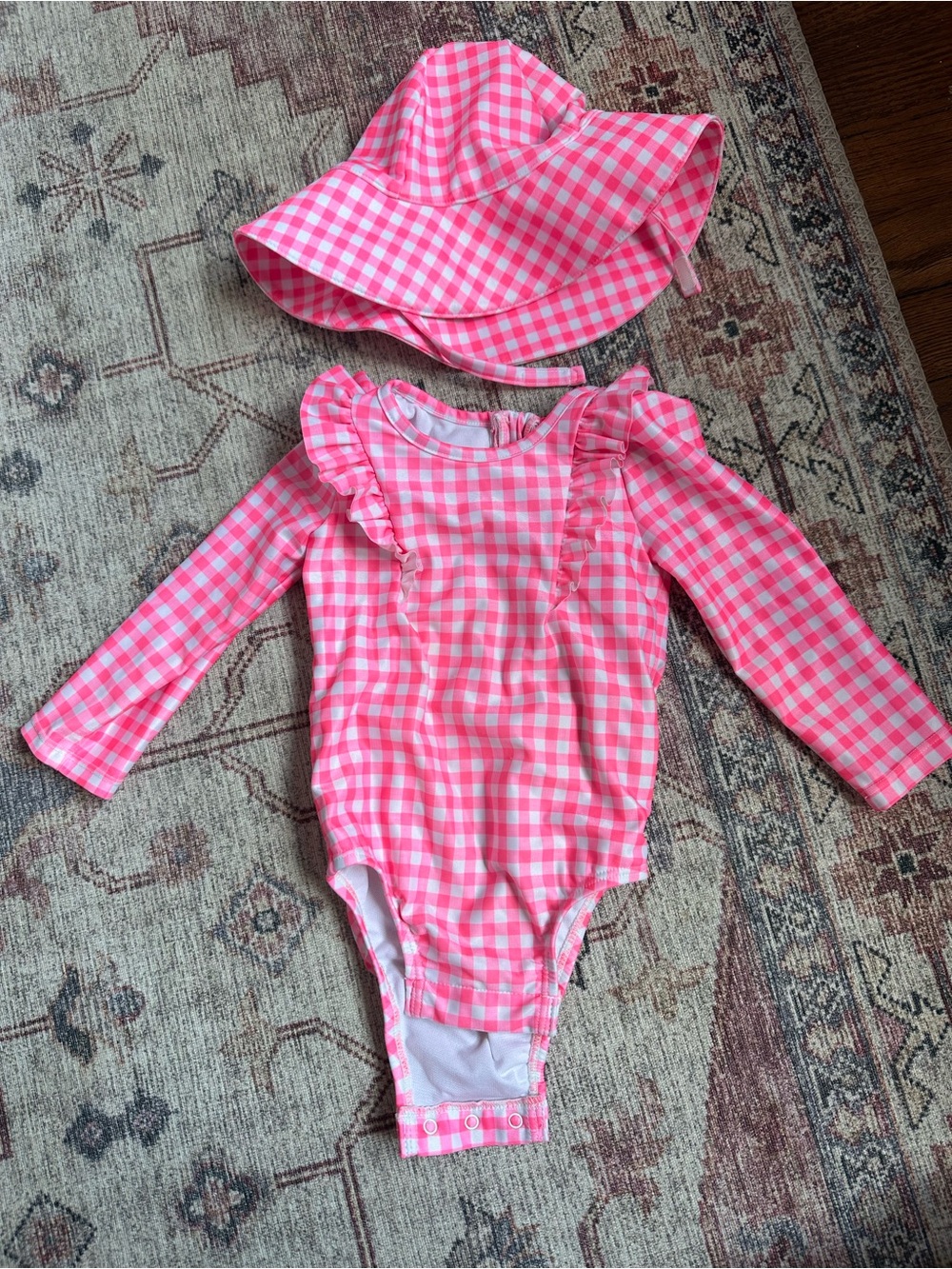 GAP Hot Pink Gingham Long-Sleeve Rashguard with Matching Sun Hat - 12-18M